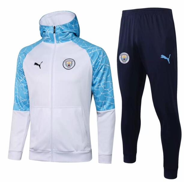 Manchester City White Blue Training Kits Hoodie Jacket with Pants 2020/21